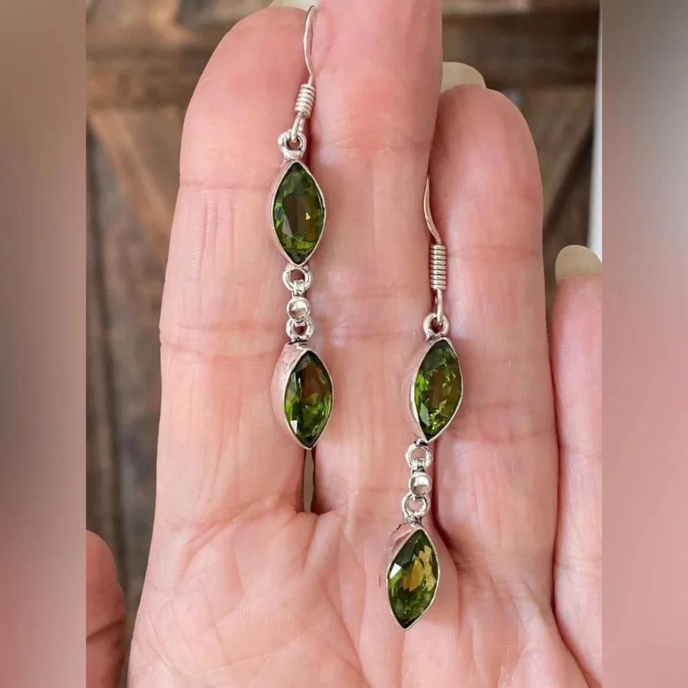 Handmade Real Peridot and 925 Sterling Silver Drop Double Tier Earrings